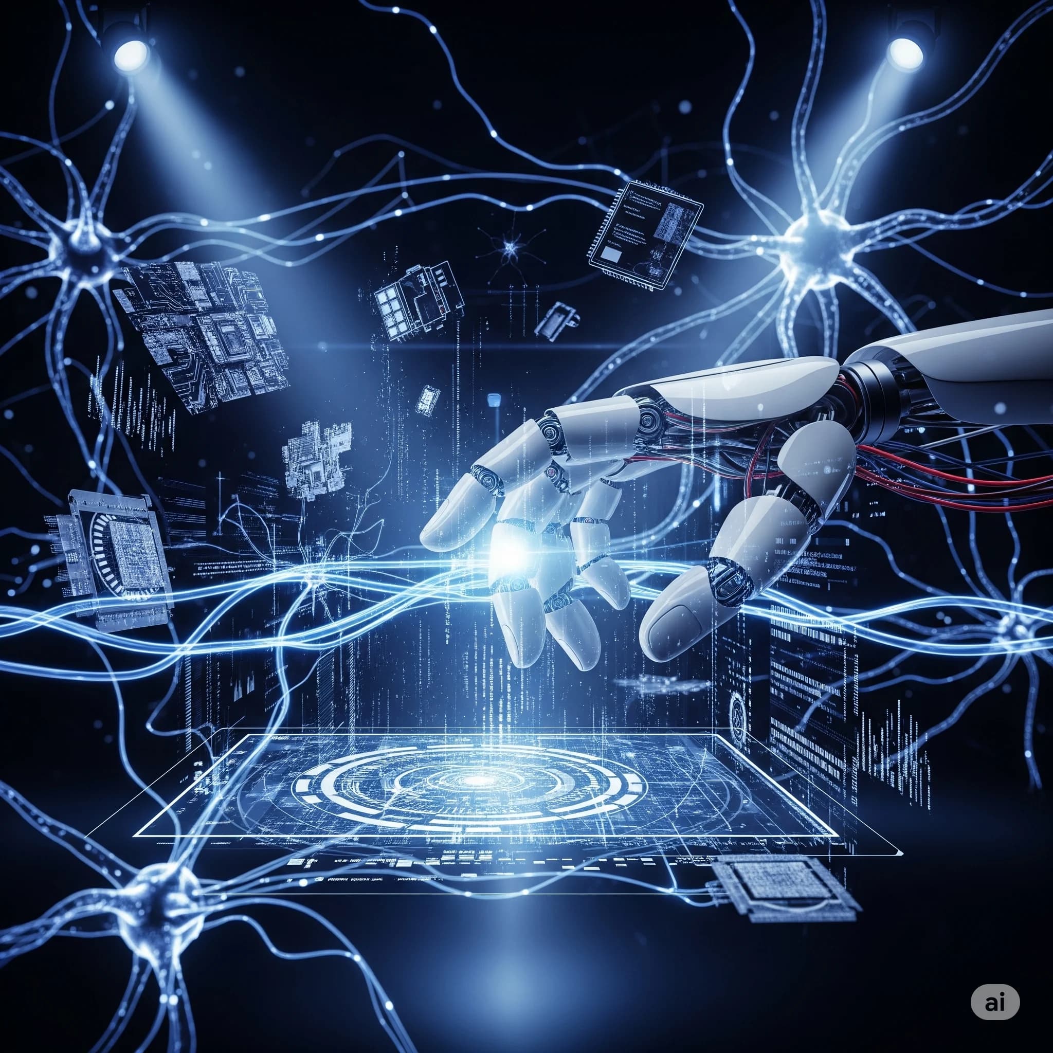 Background image representing AI, ML, and Robotics